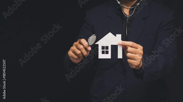 Obraz Home health check concept with house model and stethoscope.