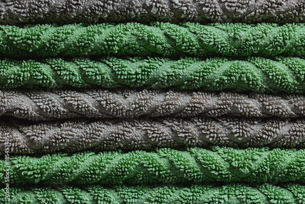 Obraz Macro Full Frame Texture of Stacked Green and Grey Patterned Towels