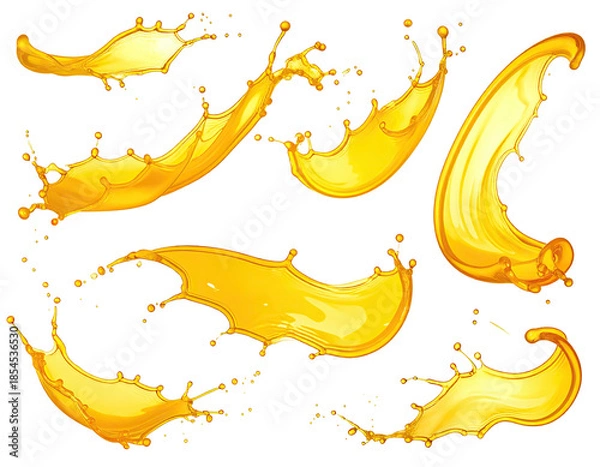 Obraz Yellow liquid splashes on a black background, cartoonish rendering