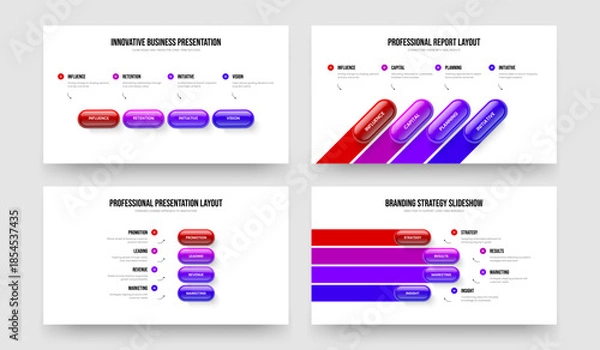 Fototapeta Consulting Growth 4 Element Infographic Frame Design Set. Enterprise Planning Four Option Diagram Slide Layout Vector Illustration Bundle.