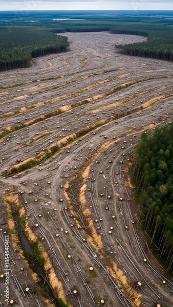 Obraz Massive land clearing pattern from deforestation, environmental crisis concept