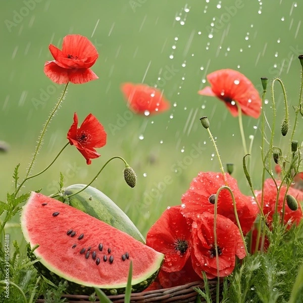 Obraz Red poppies and watermelon slices with rain drops, vibrant colors, beautiful background