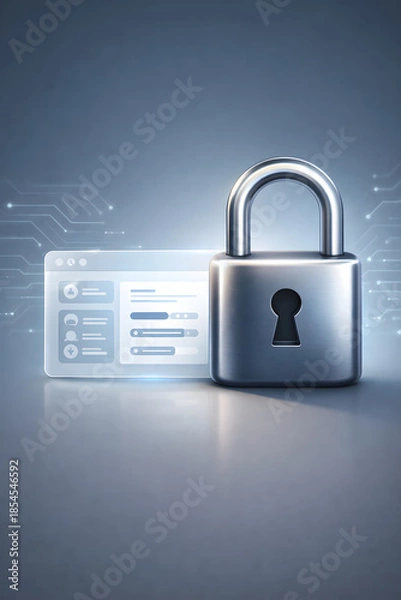 Obraz A metallic padlock next to a transparent digital interface, symbolizing data security and privacy in a technological context.