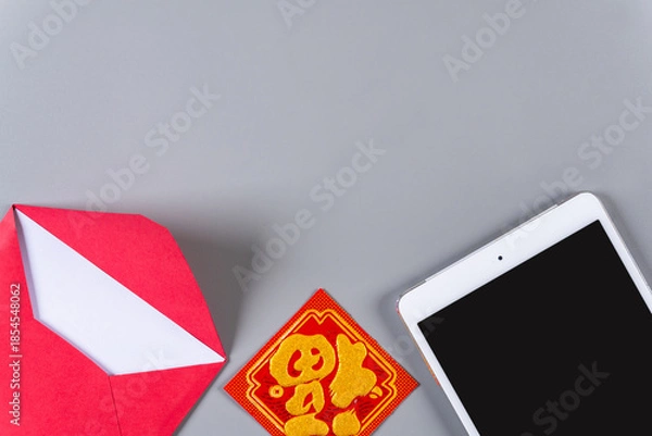 Obraz Lunar New Year Celebration with Digital Device and Traditional Decor