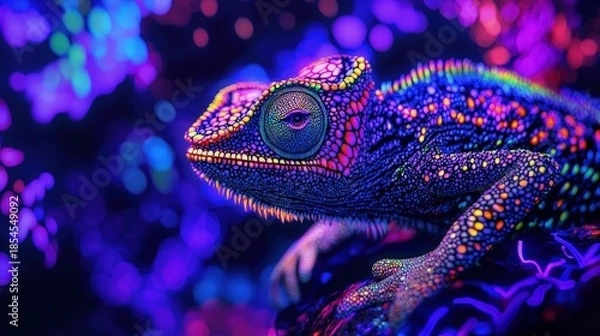 Obraz Vibrant chameleon in a glowing environment.