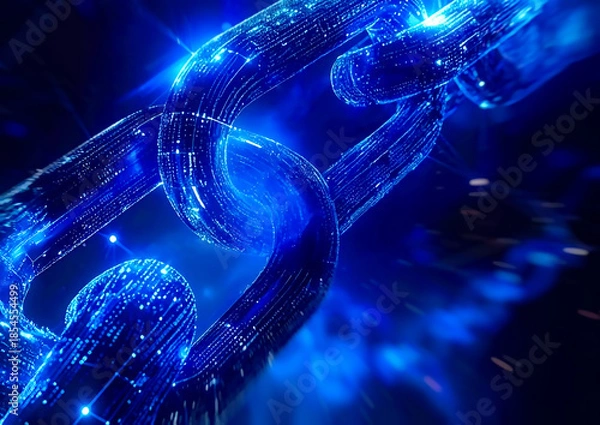 Fototapeta 青く発光するデジタルチェーンとネットワーク構造 ブロックチェーンと信頼を象徴する未来的3Dイメージイラスト
