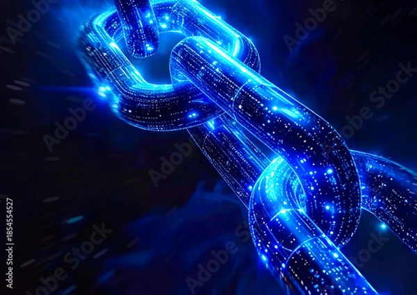 Fototapeta 青く発光するデジタルチェーンとネットワーク構造 ブロックチェーンと信頼を象徴する未来的3Dイメージイラスト