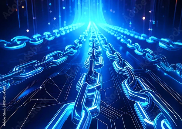 Fototapeta 青く発光するデジタルチェーンとネットワーク構造 ブロックチェーンと信頼を象徴する未来的3Dイメージイラスト