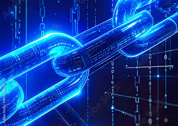 Fototapeta 青く発光するデジタルチェーンとネットワーク構造 ブロックチェーンと信頼を象徴する未来的3Dイメージイラスト