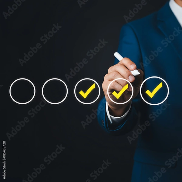 Obraz Man in suit checking off boxes with yellow ticks on virtual screen