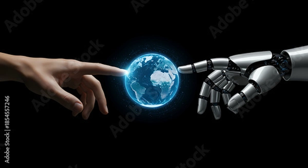 Obraz Human and robot hand touching digital earth together