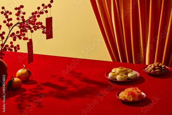 Obraz Happy Chinese New Year scene with red backdrop, traditional fruits, cakes and seeds decorated. Blank space for product presentation and design text. Advertising photo