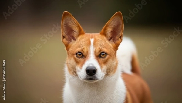 Obraz Striking Basenji dog portrait outdoors, alert and focused with distinctive pointy ears and expressive golden eyes.