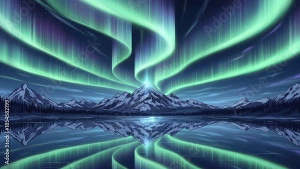 Obraz Vibrant Aurora Borealis dancing over snow-capped mountains and a reflective lake at night, showcasing green and purple Northern Lights.