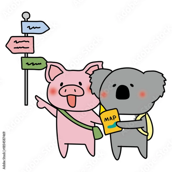 Fototapeta マップを見ながら観光するぶたとコアラ
