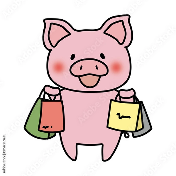 Fototapeta たくさんの買い物をしているぶた