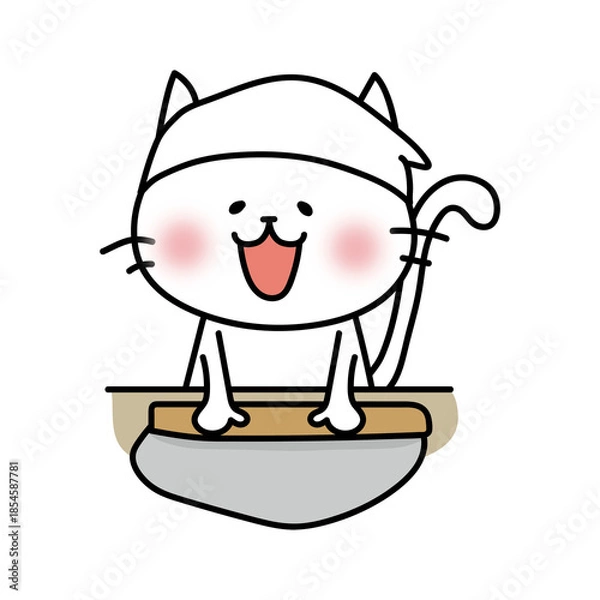 Fototapeta そば打ちをする白い猫