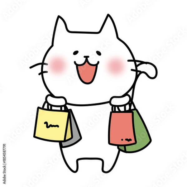 Fototapeta たくさんの買い物をしている白い猫