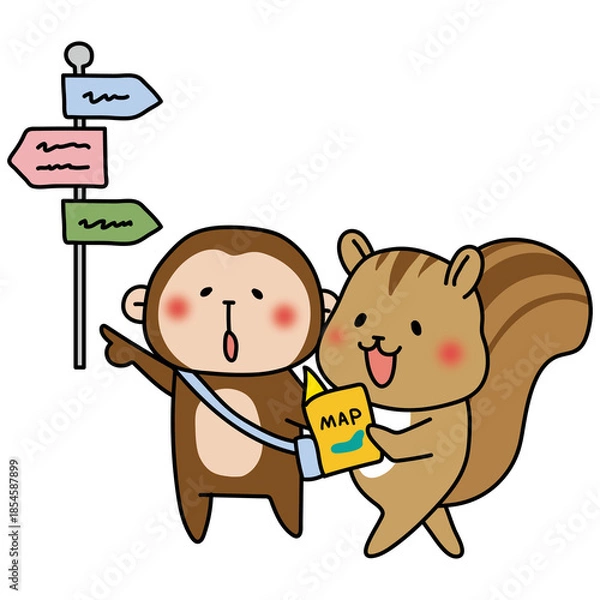 Fototapeta マップを見ながら観光する猿とリス