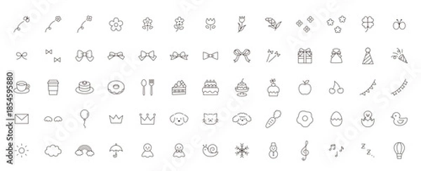 Obraz かわいいアイコンセットのベクターイラスト。飾り、花、お菓子、リボン、犬、ひよこ