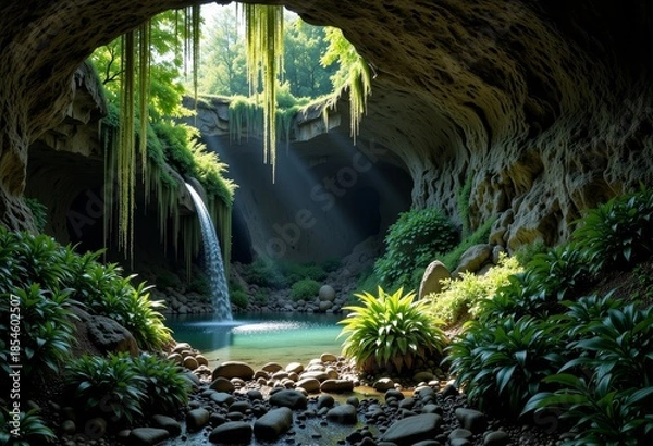 Obraz Lush Hidden Cave Sanctuary with Sunlit Waterfall Cascading into a Tranquil Pool Surrounded by Verdant Foliage and Pebbled Shoreline