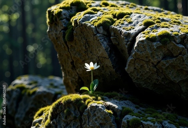 Obraz Solitary White Daisy Blooms Vibrantly Among Moss-Covered Rocks in Dappled Sunlight of a Tranquil Forest Setting