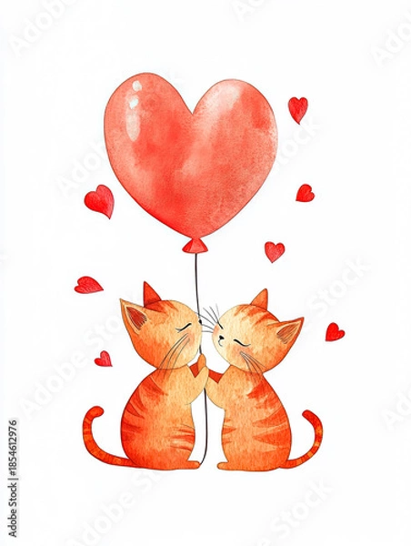 Obraz Two Adorable Cats Sharing a Heart Balloon