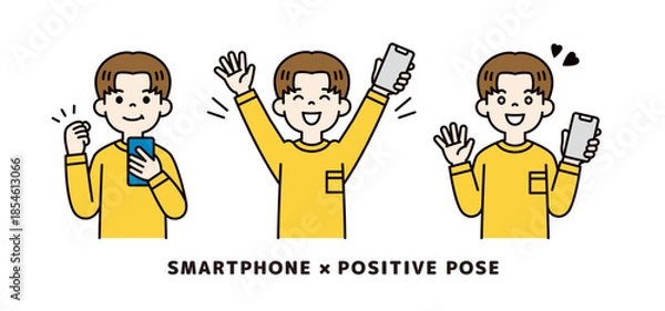 Obraz スマートフォンを持つ若い男性の上半身ベクターイラスト素材＿ポジティブなポーズセット＿カラー