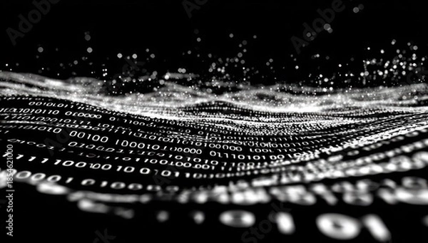 Fototapeta Binary code flowing like waves, with particles; black background