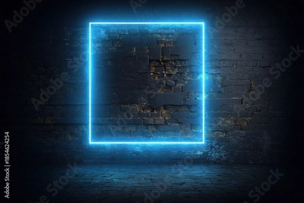 Obraz Blue neon square glows on weathered brick wall, dark backdrop