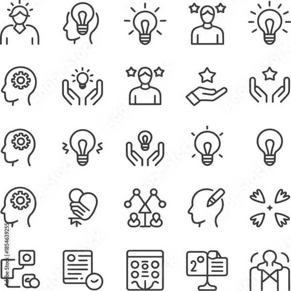 Obraz Creative idea and innovation icons set showing thinking, inspiration, solutions, teamwork, knowledge, and problem solving.