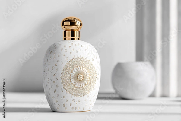 Obraz Elegant perfume bottle with gold accents on white surface