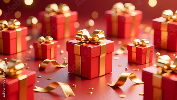 Obraz Scattered red gift boxes creating festive energy