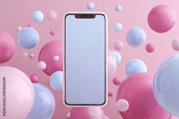 Obraz Smartphone with blank screen surrounded by colorful floating spheres