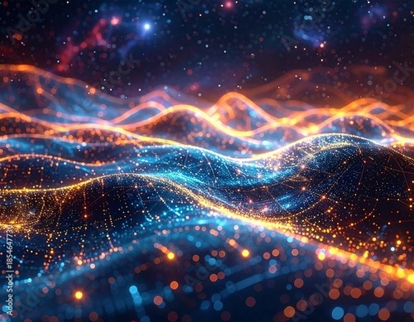 Obraz Glowing wavy lines with dots, suggesting digital data