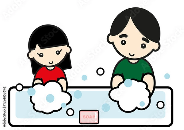 Fototapeta 手を洗うお父さんと子供