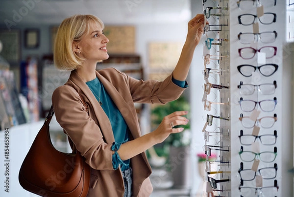 Obraz Happy woman looking for new eyewear frame in pharmacy.
