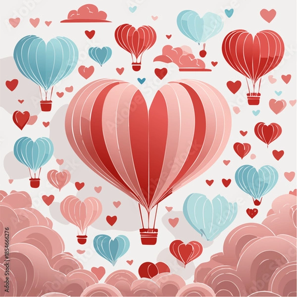 Fototapeta Romantic Valentine background with floating heart elements in flat vector style. Ideal for banners, posters, social media, greeting cards, and seasonal love-themed designs.