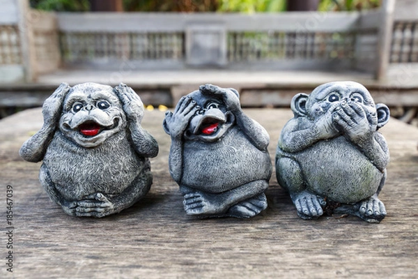 Obraz Three monkey,close up of hand small statues with the concept of see no evil, 
hear no evil and speak no evil.