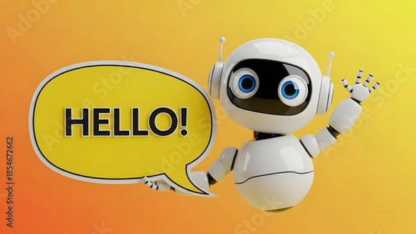 Obraz An AI robot greets with a Hello speech bubble, showcasing modern technology.