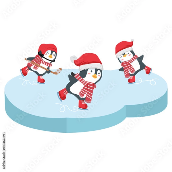 Obraz Cartoon Penguins Ice Skating Illustration