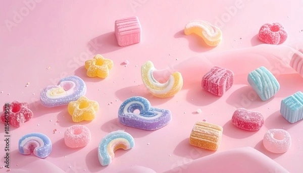 Obraz Assorted pastel candy on pink fabric