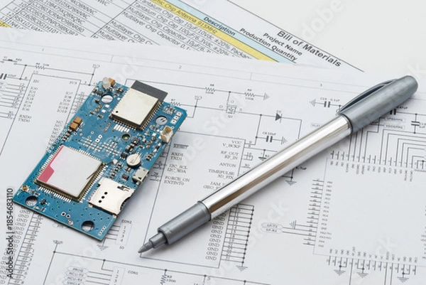 Obraz Prototype circuit board placed on schematic and BOM documents, illustrating electronics design review, component verification, and engineering workflow before production.
