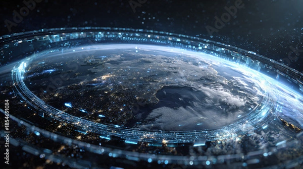 Obraz Earth viewed from space with digital technological overlay and effects.