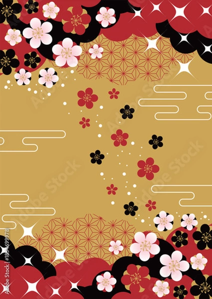 Obraz 金地に赤黒雲と花和背景、超シンプル、かわいい、イラスト、縦