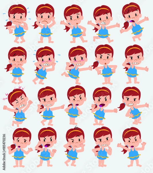 Fototapeta Cartoon character girl in a swimsuit. Set with different postures, attitudes and poses, always in negative attitude, doing different activities in vector vector illustrations.