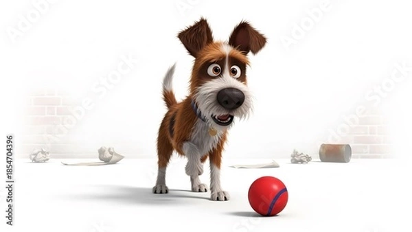 Fototapeta Cute dog cartoon character curiously looks at ball