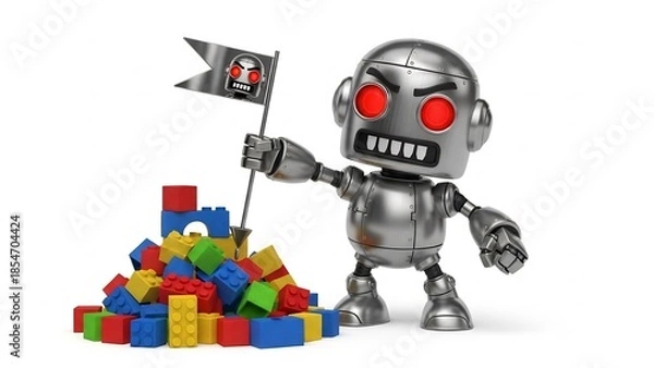 Fototapeta Robot angrily dominates building block hill compositionally