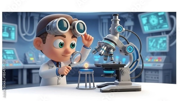 Fototapeta Cute Scientist Intensely Studies Light Under Microscope