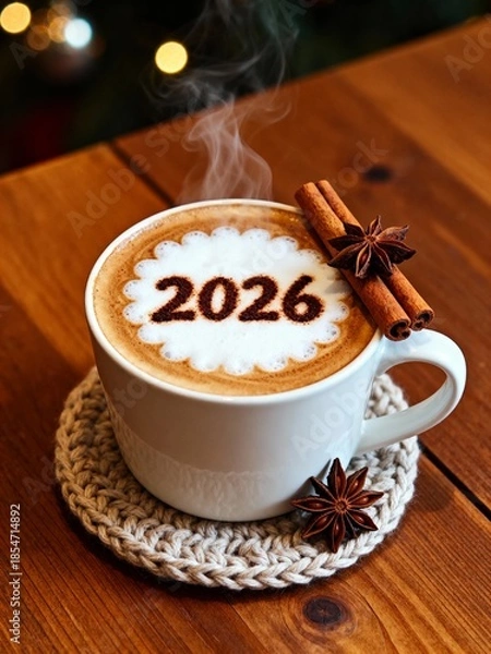 Fototapeta Creative Coffee Latte Art with 2026 Number in Foam for New Year